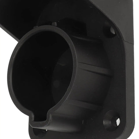 Close-up of Heavy Duty Ev Charger Dock With Sae J1772 Type One Connector Mount Bracket, black plastic housing.