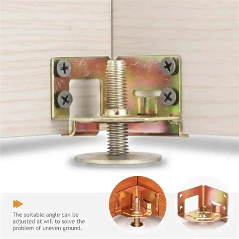 Close-up of eight adjustable furniture feet set for leveling on uneven floors, showing threaded post levelers and bracket mounts detail.