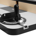 Close-up of a black handle and adjustment gauge on a router table using a 32 Inch Anodized Aluminum T Slot Track For Rock Solid Woodworking Jigs And Fixtures.