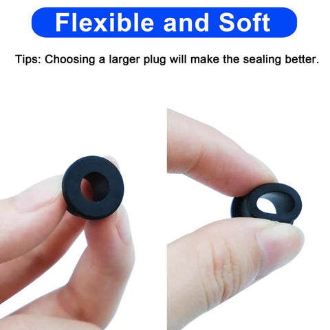 Kickass Rubber Grommet Kit Including 82 Durable Wire And Cable Protectors That Snap On Quick, showing a flexible black silicone grommet.