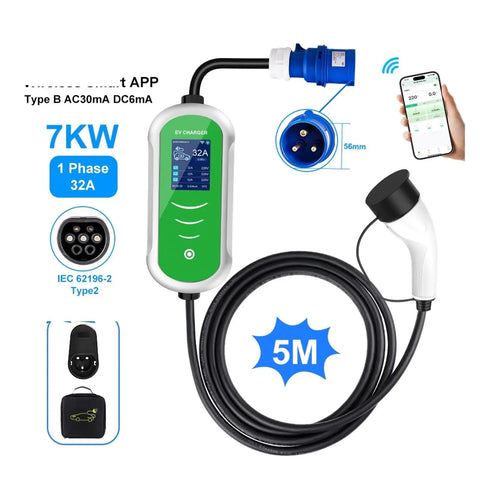 Portable Type 2 Ev Charger With Wifi App Control Blazing Fast 22 Kilowatt 32 Amp Three Phase Electric Vehicle Wallbox Station with 5m cable.