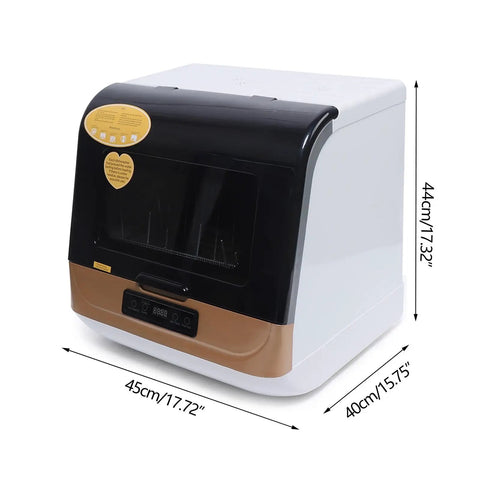 Compact Portable Countertop Dishwasher With Five Liter Capacity Slick For Tiny Kitchens Featuring Three Fast Wash Cycles and No Sweat Air Dry.