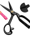 Heavy Duty Fabric Scissors With Ultra Sharp Blades And Comfort Grip For Office Or Home Use, Perfect For Sewing, Crafts, And Arts, Ergonomic Offset Handle For Fatigue Free Cuts And Cuts Like Butter, Precise Results. Black steel fabric scissors with tape measure and fabric cut sample