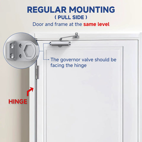 Heavy Duty Hydraulic Self Closing Door Closer With Dead Silent No Slam Action Adjustable Speed And Hold Open Mount, regular pull side mounting guide.