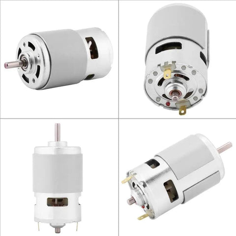775 Brushless DC Motor 12V 150W High Speed 13000 To 15000 RPM showing various angles, compact design with metal gear drive.