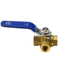 Heavy Duty 3 Way Brass Ball Valve With LT Bore Internal Thread 16 Bar Pressure Rating For Water Oil And Gas Plumbing Installs, side view.