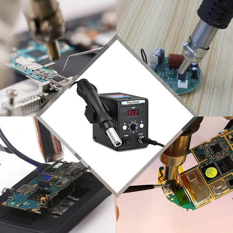 Pro Grade Hot Air Rework Station With 110V Solder Heat Gun, Fahrenheit And Celsius Display in use for electronic circuit repairs