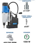 German Made Portable Magnetic Drill Press with dual speed controls, 9.5 amp motor, and annular cutter capacity.