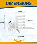 Airmont White Cable Stackers 50 Pack dimensions diagram showing 4-cable separator size, 3.3" x 2" x 1.7", with attached nail for installation.