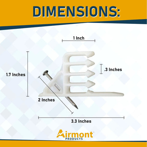 Airmont White Cable Stackers 50 Pack dimensions diagram showing 4-cable separator size, 3.3" x 2" x 1.7", with attached nail for installation.