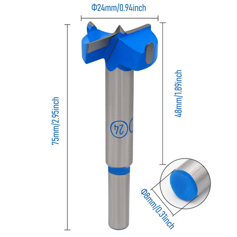 Pro Grade Forstner Drill Bit 24mm Tungsten Carbide Wood Hole Cutter, blue tip with measured dimensions, stainless steel body.