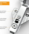 Close-up of 10 Pack Full Overlay Soft Close Concealed Hinges With Clip On Plate For Face Frame Cabinets, showing 3D fine-tuning system adjustments.