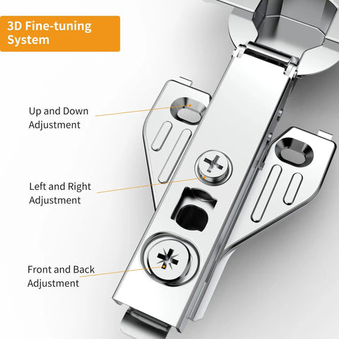 Close-up of 10 Pack Full Overlay Soft Close Concealed Hinges With Clip On Plate For Face Frame Cabinets, showing 3D fine-tuning system adjustments.