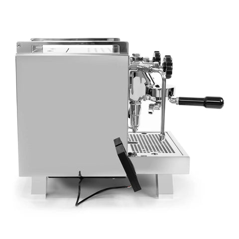 Side view of Cinquantotto Dual Boiler Espresso Machine With PID Touchscreen And Auto On Timer Stainless Steel Finish For Precise Brew Temperature And Dope Steam Power
