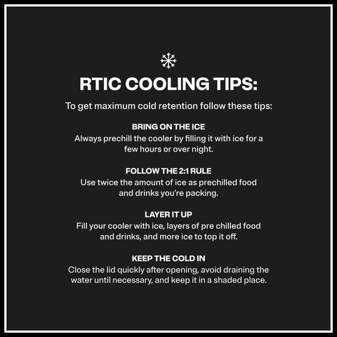 RTIC cooler tips graphic with instructions on maximizing cold retention using ice, prechilling, and proper storage.