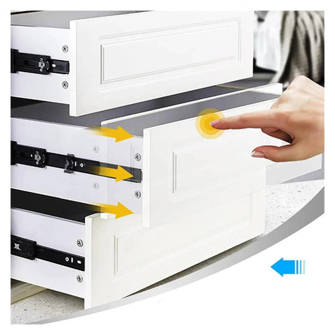 Heavy Duty 45Mm Push To Open Drawer Slides Dead Silent Three Section Cabinet Glides Smooth Ride Pull Out Tracks For Home Furniture Hardware 12 Inch Length showing finger pushing drawer.