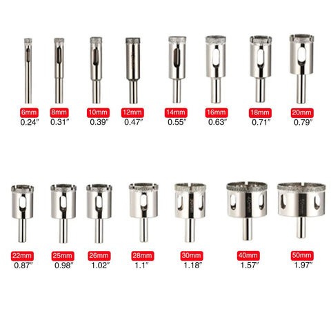 Diamond Hole Saw Kit With Adjustable Guide Jig, Fifteen Piece Set sizes from 6mm to 50mm for glass ceramic tile marble porcelain drilling