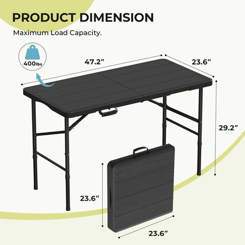 4 Foot Folding Table Portable Heavy Duty 400 Lb Capacity With Wood Grain Top Anti Slip Feet dimensions display