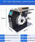 Small Semi Automatic Rectangular Box Sealing And Labeling Machine With Precise Right Angle Application For Paper Rolls 20To 210 Mm Wide Fast Touchscreen Control, dimensions shown.