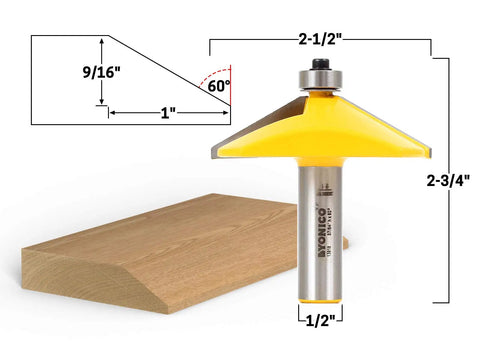 Bevel Edge Router Bit 60 Degree Forming With Half Inch Shank Two Flute Carbide Cutter next to wood sample and measurement diagram