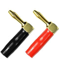10 Pack 4mm Right Angle Banana Plugs Gold Plated Connectors With Soft Plastic Sheath For Wire Holes 90 Degree Bend Red Color Perfect For Audio Speaker Wiring And DIY Projects, showing black and red plugs