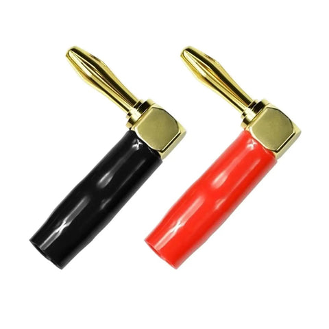 10 Pack 4mm Right Angle Banana Plugs Gold Plated Connectors With Soft Plastic Sheath For Wire Holes 90 Degree Bend Red Color Perfect For Audio Speaker Wiring And DIY Projects, showing black and red plugs