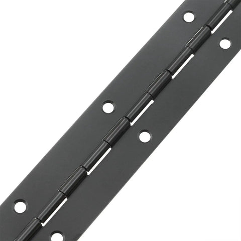 Stainless Steel Piano Hinge Kit Two Pack Six Inch Heavy Duty Continuous Cabinet Hardware With Mounting Screws Black Finish, close-up view.