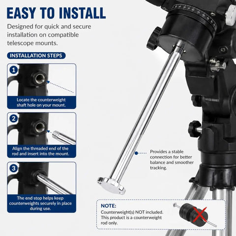 Counterweight Rod For Telescope 12mm By 21cm 8.3in Metal Balance Shaft For Astronomical Mount Built Tough Replacement Quick Install Threaded Tip With End Stopper Fits 80EQ And 80DX shown in installation guide