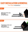 Diagram showing the installation of Workhorse Clamp On Pallet Forks For Tractors And Skid Steers, 2000 lbs capacity, on a loader bucket.