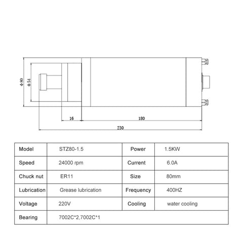 Kickass 1.5KW Water Cooled CNC Spindle Motor With ER11 Collet Kit technical drawing with dimensions and specifications.