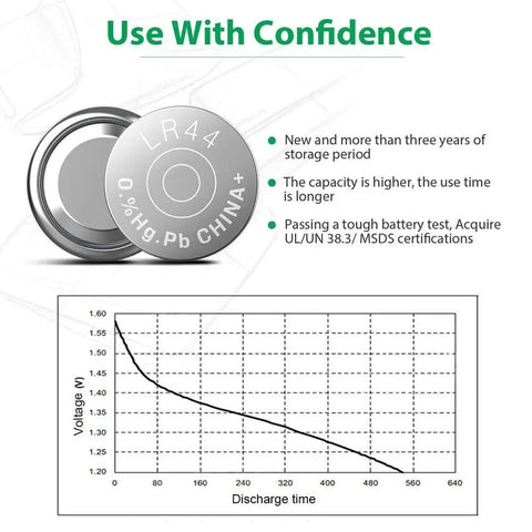 Top Shelf 40 Pack LR44 AG13 357 SR44 Button Cell Batteries showing a battery and discharge voltage chart for reliable power.