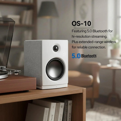 White speaker on bookshelf, Next Level Desk Speakers With Bluetooth 5.0 And 62W RMS Power, 4 Inch Woofer And 20mm Silk Dome Tweeter