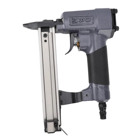 Straight Shooting 18 Gauge Pneumatic Brad Nailer And 2 In 1 Stapler Tool Anti Jam Head view from the side with trigger and aluminum rail.