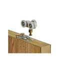 Beefy 48 Inch Top Hung Sliding Door Hardware Kit For 3/4 Inch Doors, 150 Pound Capacity, top-hung roller on wooden door close-up