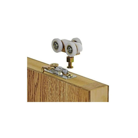 Beefy 48 Inch Top Hung Sliding Door Hardware Kit For 3/4 Inch Doors, 150 Pound Capacity, top-hung roller on wooden door close-up