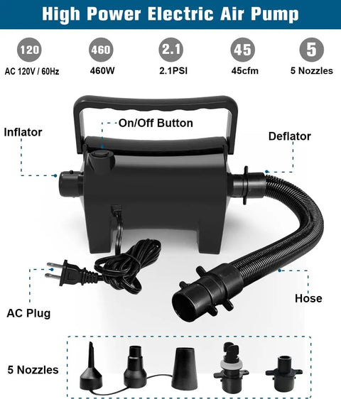 Portable Electric Air Pump 460W Quick Fill Inflator With Hose And Five Nozzles 120V AC 2.1 PSI 45 CFM Deflator