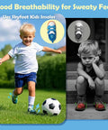 Durable Kids Insoles Replacement For Worn Shoes, Comfy Breathable Cut To Fit Inserts For Sneakers, Sturdy Soles, Blue One Pair. Image shows blue insoles and kids playing.