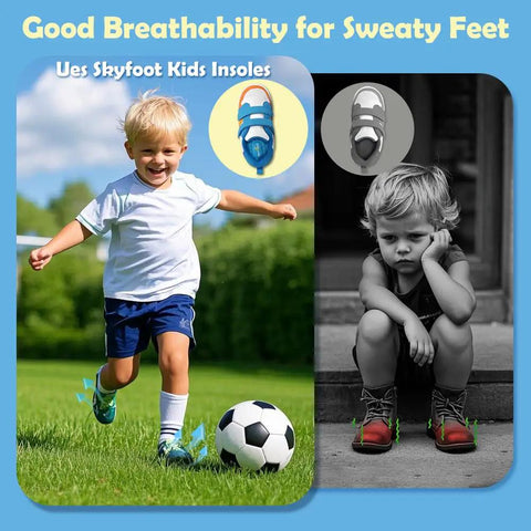 Durable Kids Insoles Replacement For Worn Shoes, Comfy Breathable Cut To Fit Inserts For Sneakers, Sturdy Soles, Blue One Pair. Image shows blue insoles and kids playing.