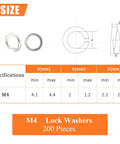 M4 stainless steel split lock washers, 304 stainless, silver; 200 pieces shown with front and side views