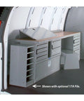 Top Shelf Workhorse Gray Steel Workbench Module For Tight Garages And Active Job Sites Compact Industrial Workstation with gray metal drawers.