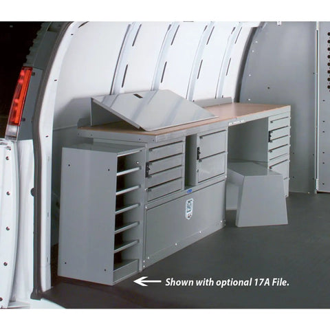 Top Shelf Workhorse Gray Steel Workbench Module For Tight Garages And Active Job Sites Compact Industrial Workstation with gray metal drawers.