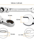 10mm Flex Head Ratcheting Wrench With 72-Tooth Cr-V Steel, 180 Degree Flexible Box End For Tight Spaces, Pro Grade Auto And DIY Repair Spanner You Can Trust, with dimensions illustrated