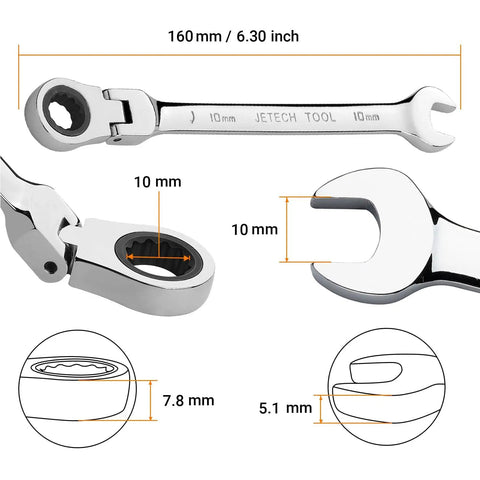 10mm Flex Head Ratcheting Wrench With 72-Tooth Cr-V Steel, 180 Degree Flexible Box End For Tight Spaces, Pro Grade Auto And DIY Repair Spanner You Can Trust, with dimensions illustrated