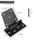 3.5 Inch Heavy Duty Gate Hinges Black Strap Hinges for Indoor Outdoor Use with screws and dimensions displayed