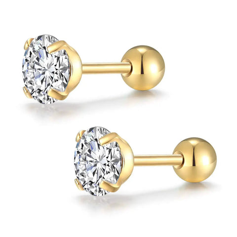 Hypoallergenic 18G Ball Back CZ Stud Earrings Set For Women And Men, 14K Gold Tone Stainless Steel Screw Back And Flat Back Varieties, Includes 6 Pairs Of Cubic Zirconia Cartilage Earrings For Everyday Wear. gold-tone CZ ball back stud earrings
