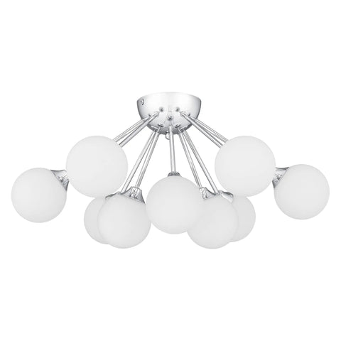 Nine Light Polished Chrome Semi Flush Mount Ceiling Light With Opal Glass Orbs Sleek Modern Mid Century Vibe Damp Location ETL Listed