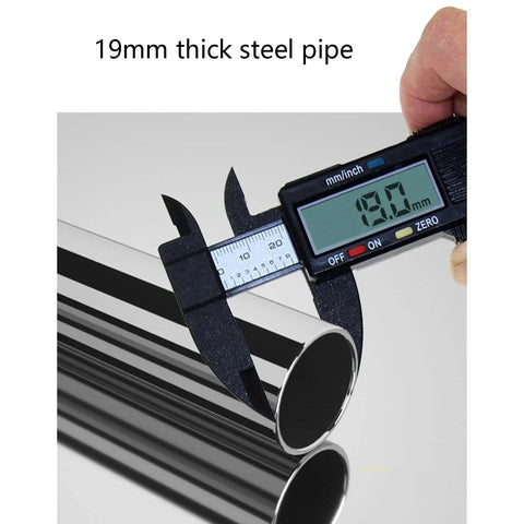 Measuring 19mm thick steel pipe with calipers, showcasing stability for Heavy Duty Portable Fabric Wardrobe Organizer With Rock Solid Steel Frame Foldable Dustproof Closet Storage Cabinet For Top Shelf Room Organization And Zero Hassle Setup.