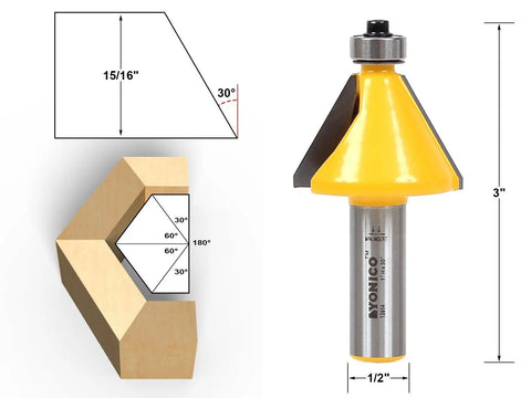Chamfer Router Bit Set With Bevel Edge Forming Five Bit Kit One Half Inch Shank Model 13508 with 30° angle illustration