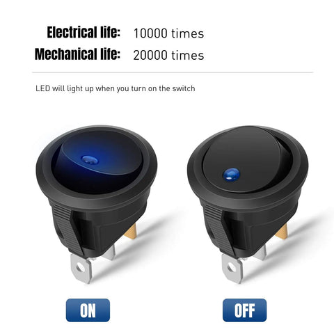 Round LED Toggle Switch 12V Car Truck Rocker On Off Control with 2 Pole SPST Design, 20A DC Circuit, blue indicator light