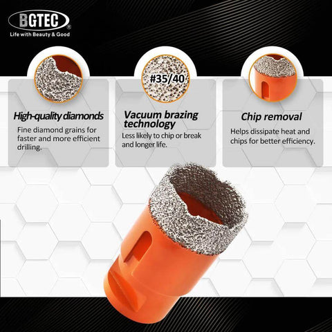 BGTEC 6pc orange dry diamond core drill bits set for porcelain tile ceramic brick; sizes 20–100 mm close-up view